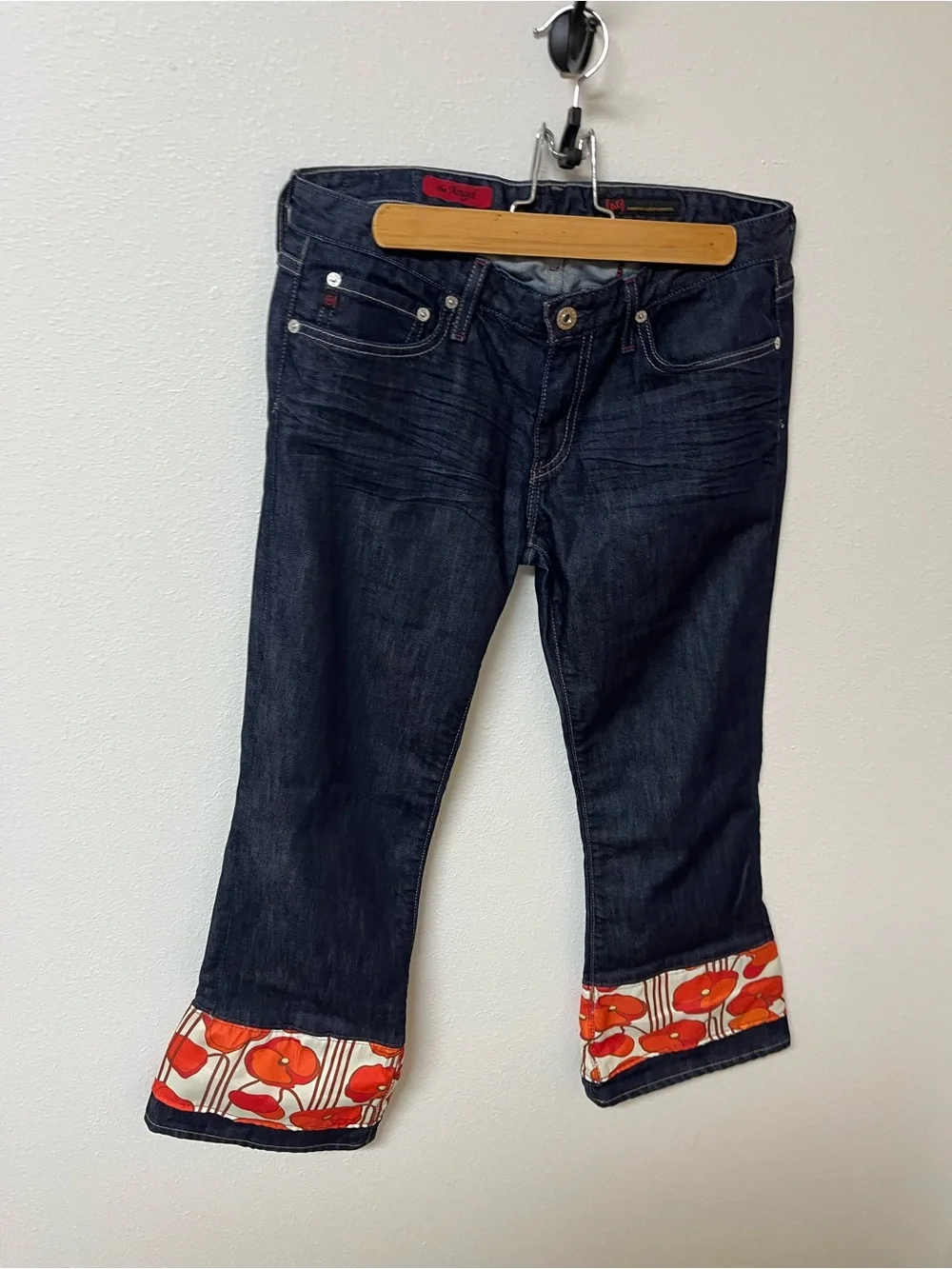AG Adriano Goldschmied the Angel Dark Blue Jeans with Red Floral Cuffs, 28R